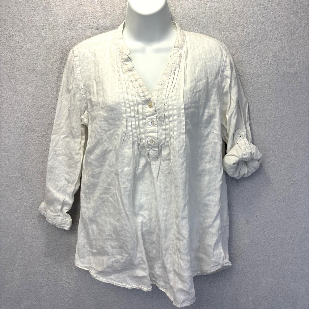 MALVIN 100% Linen Blouse Top Shirt Womens M 8 White Pintuck Roll Tab Long Sleeve